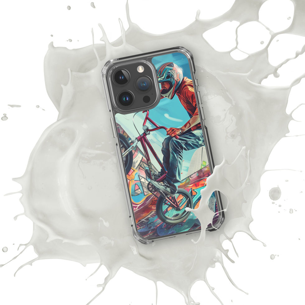 Urban Freestyle Clear case for iPhone 15 Pro Max, BMX rider and colourful graffiti, white paint splash background