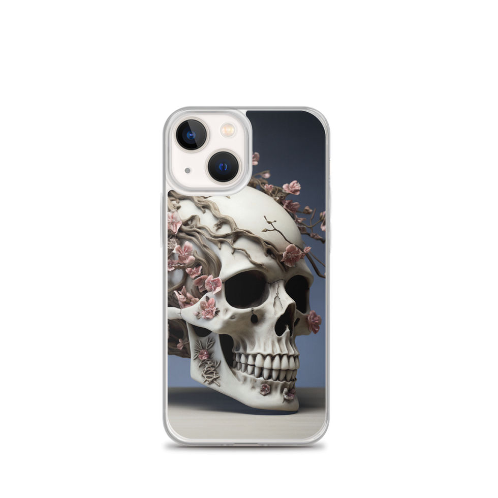 Product mockup of the Ethereal Bloom clear case showing an ivory skull crowned with muted pink flowers