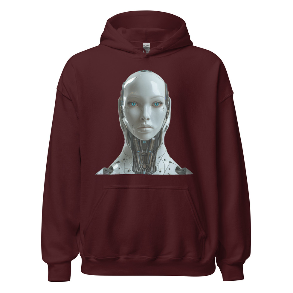 Ethereal Mechanica: maroon unisex hoodie with a silver female robot with intricate neck circuitry