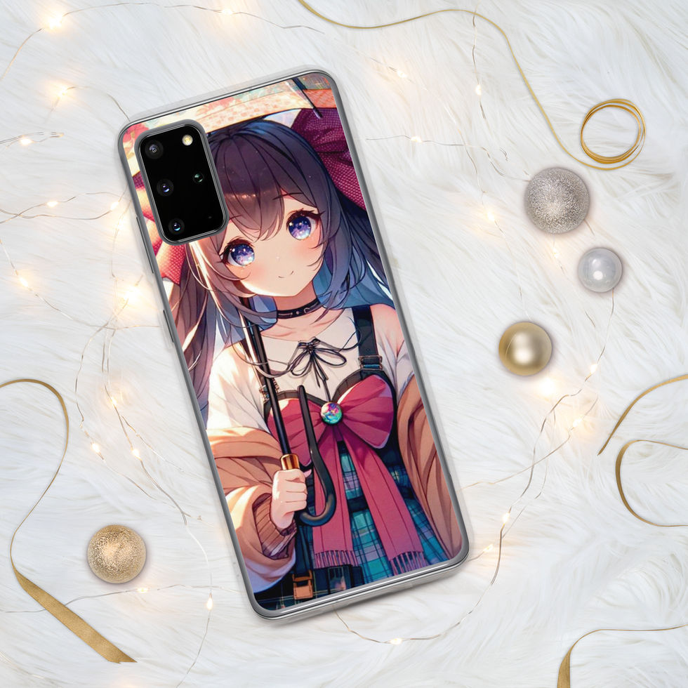 Rainy Day Elegance Samsung clear case showing a brown-haired umbrella portrait, among lights and baubles.