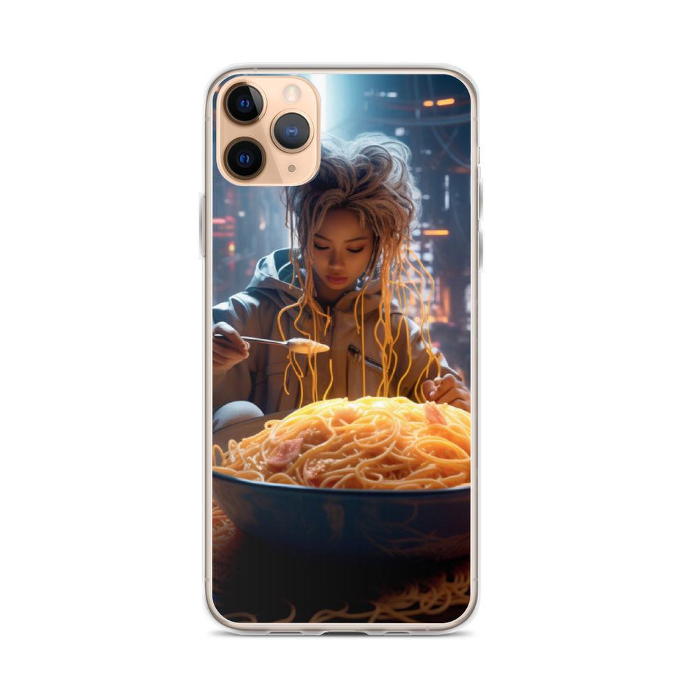 Cyber Noodle Feast clear iPhone case on a phone, back artwork with golden noodles and cool blue light.