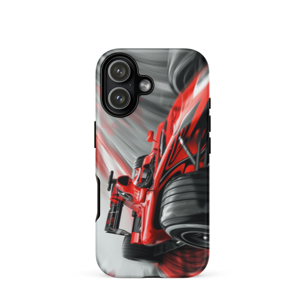 Victory Rush Tough case for iPhone 17, red race car and grey streaks, rear view on white