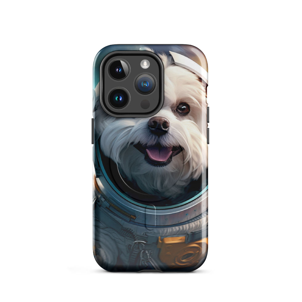 Cosmo Pup astronaut dog MagSafe iPhone case — right-angle profile in studio mockup