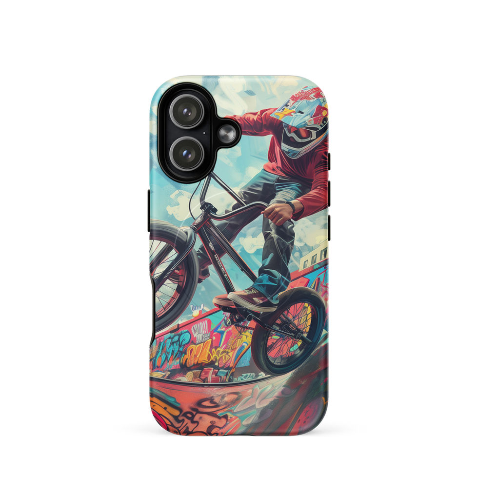 Urban Thrill MagSafe Tough case for iPhone 17, BMX rider above graffiti ramp, rear view on white background