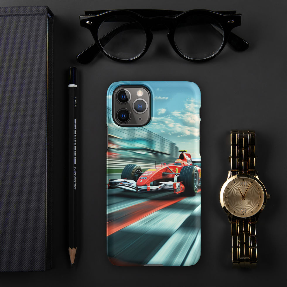 Victory Lap Snap case for iPhone 11 Pro, red race car on teal track, black desk with glasses and watch