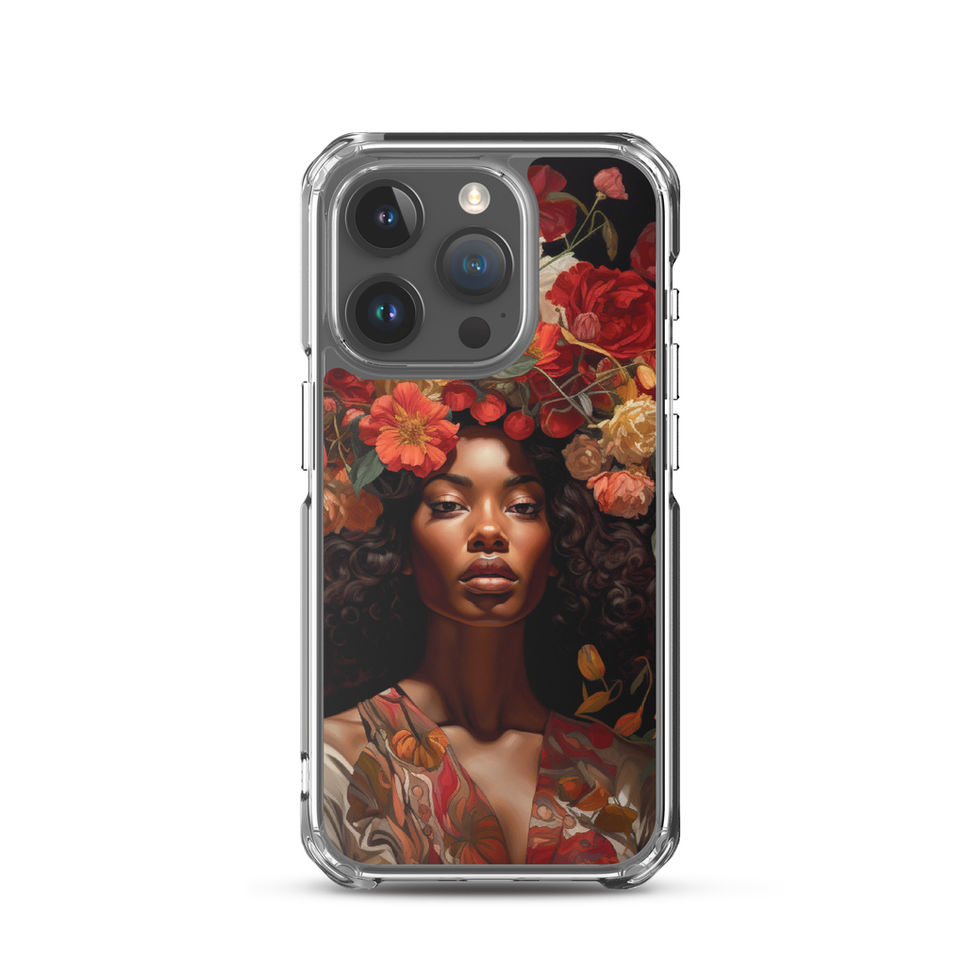 Glowing complexion balanced by dark curls and bright layered flowers