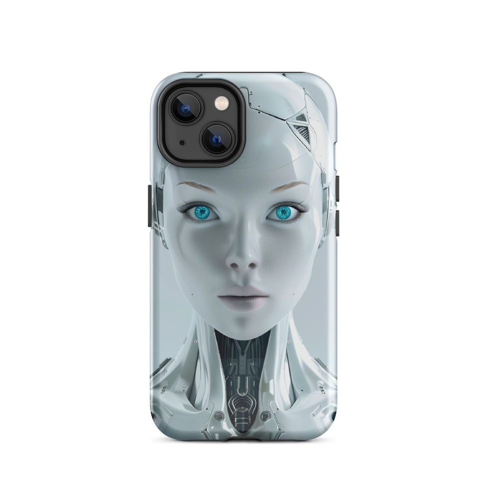 Nova Ascend cyan-eyed android artwork on a iPhone cover