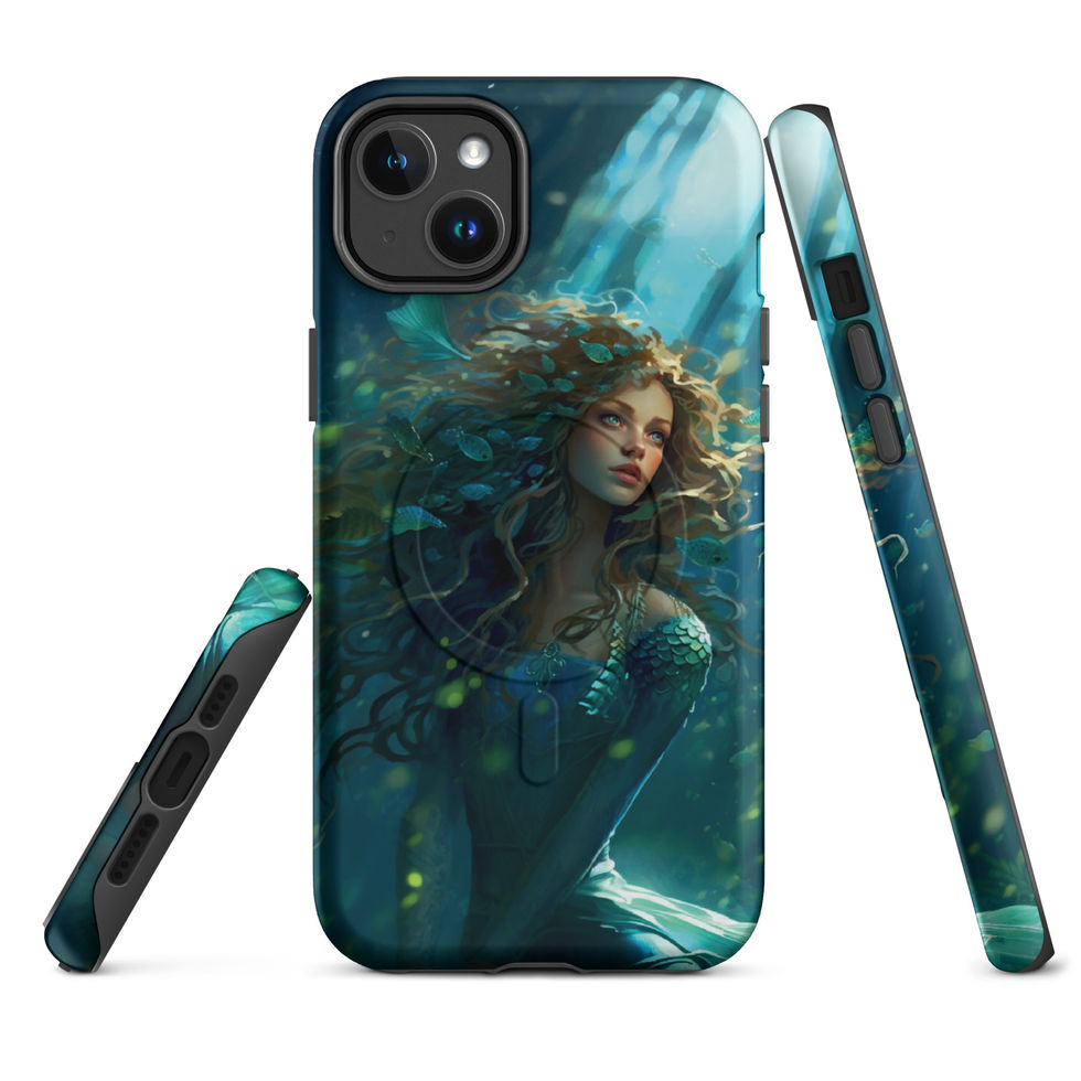 Ocean Enchantress MagSafe iPhone case shown with its side profile, featuring a flowing-haired figure beneath the sea.