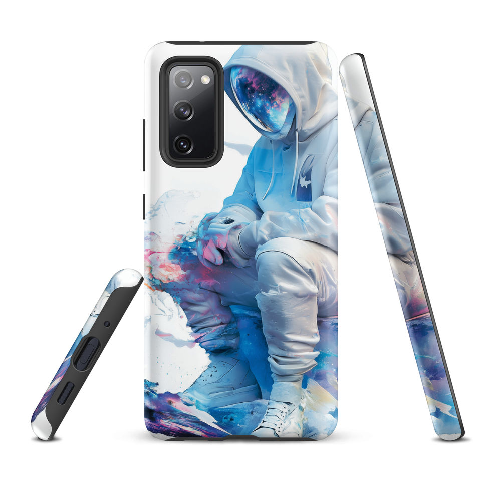 Fluro Space Traveller Samsung Tough case, blue astronaut helmet and blue space scene, with side profile shown