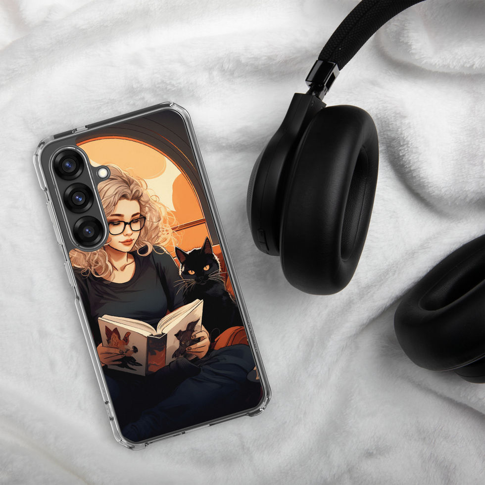 Printed back of Literary Haven Samsung clear case showing cat with pointed ears