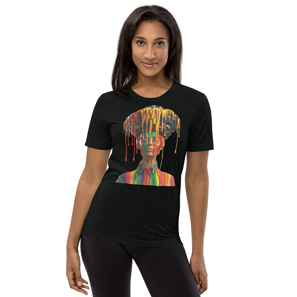 Drip Crown: black short-sleeve T-shirt with woman in hat and paint drips, woman standing straight