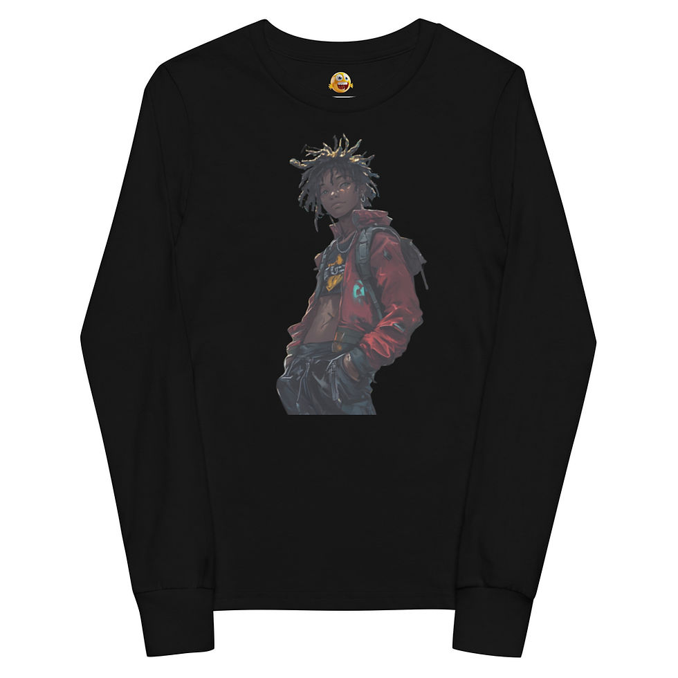 Urban Pulse Woman Cutout: black youth long-sleeve T-shirt with woman in red jacket