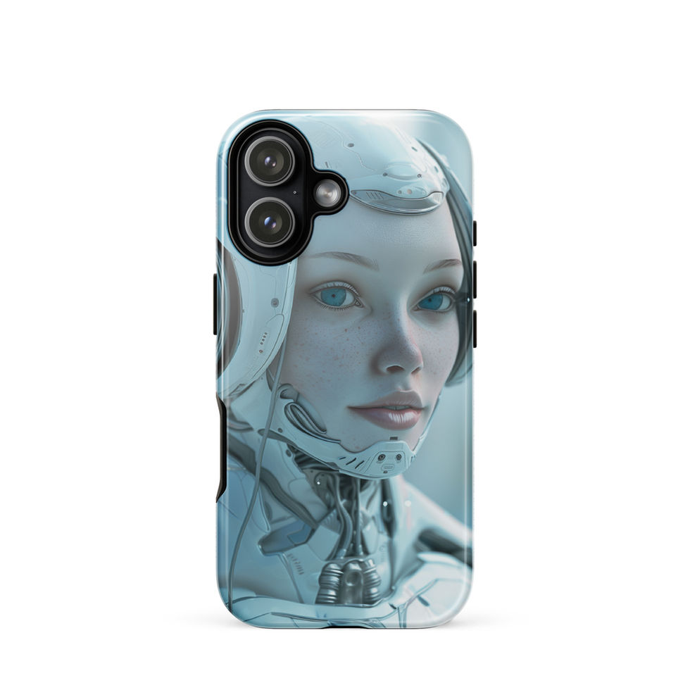 Cybernetic Muse female android with radiant aqua eyes; front product view on an iPhone® Tough Case.