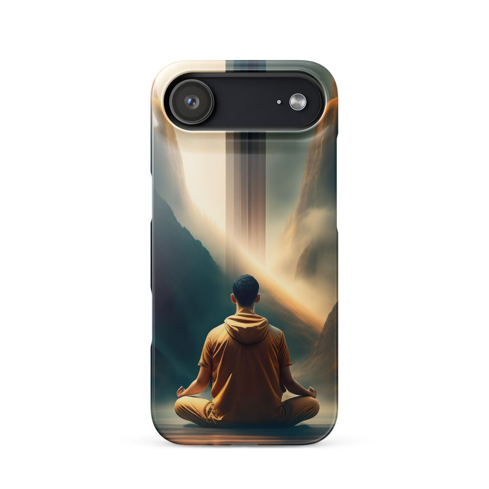 Zen Ascension iPhone snap case, back view; robed figure facing a sweeping golden beam.