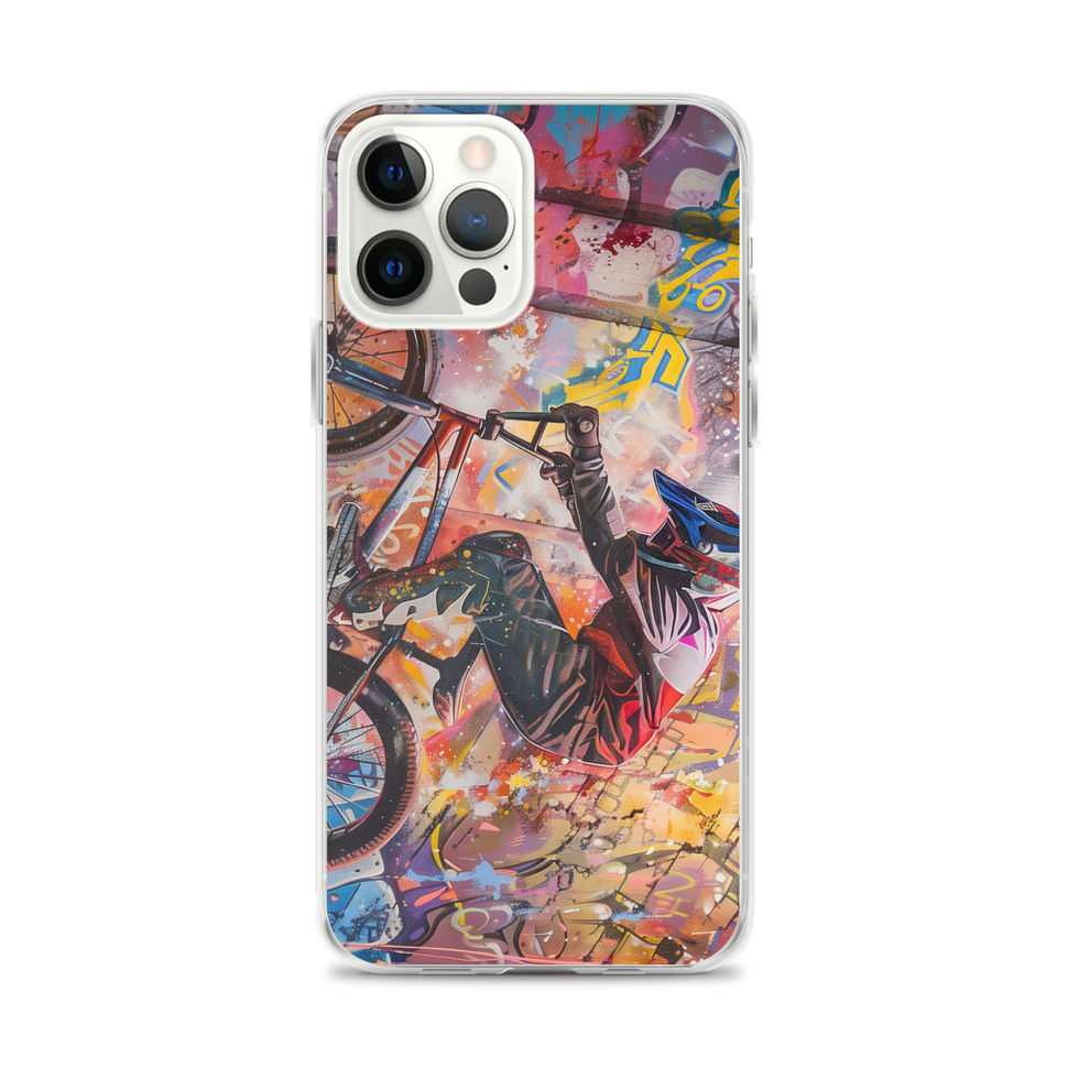 Graffiti Grind Clear case for iPhone 12 Pro Max, BMX rider amid pink and yellow graffiti, phone beside case on white