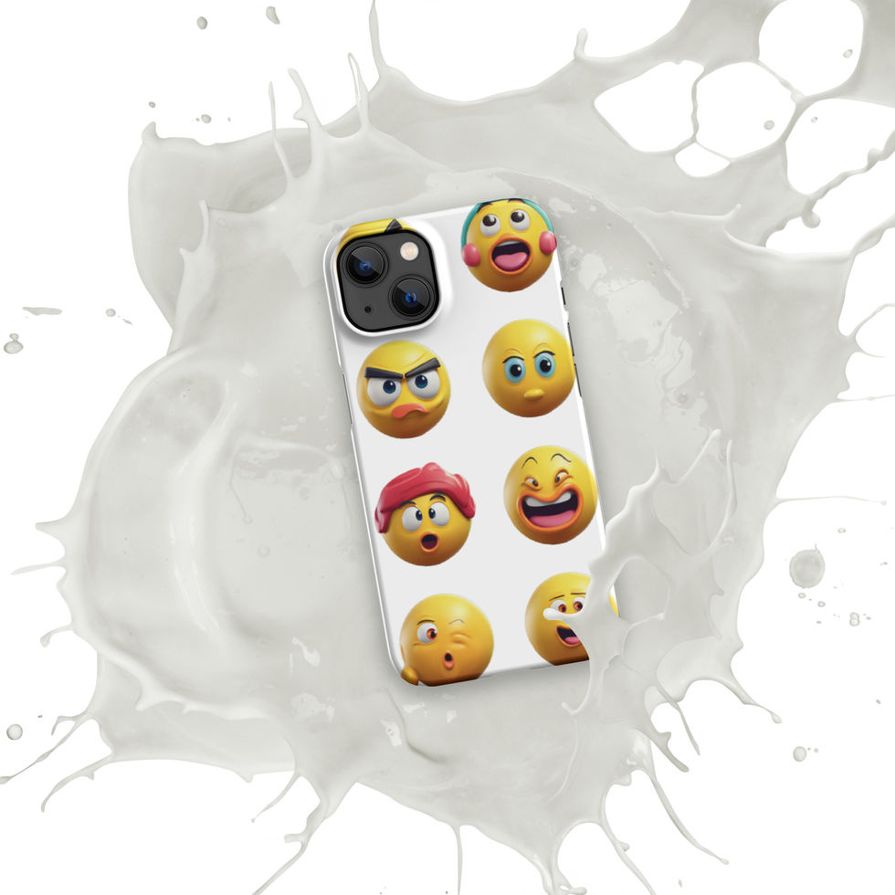 Emoji Frenzy snap iPhone case showing six bright expressions across its case artwork, over a white paint splash.