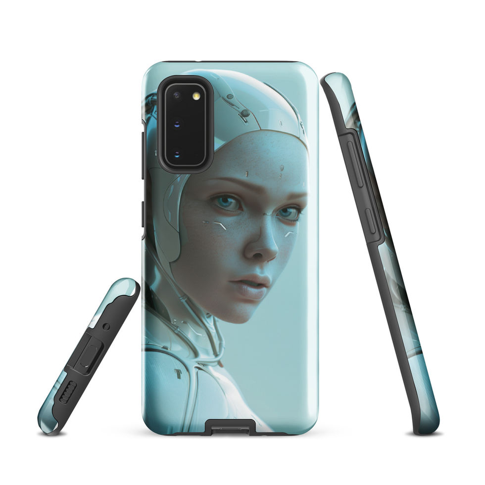 Pearl-white robot portrait with ice-blue eyes; front product view on a Samsung® Tough Case.