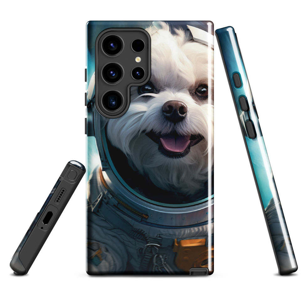 Cosmo Pup galaxy dog Samsung tough case โ left-angle profile in bright lifestyle scene