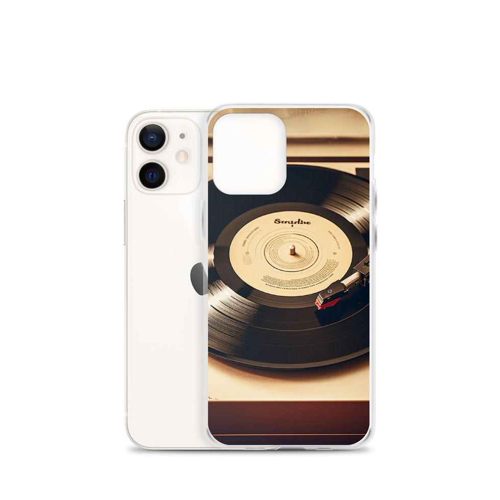 Golden Grooves clear iPhone case lifestyle view beside over-ear headphones, image 9.