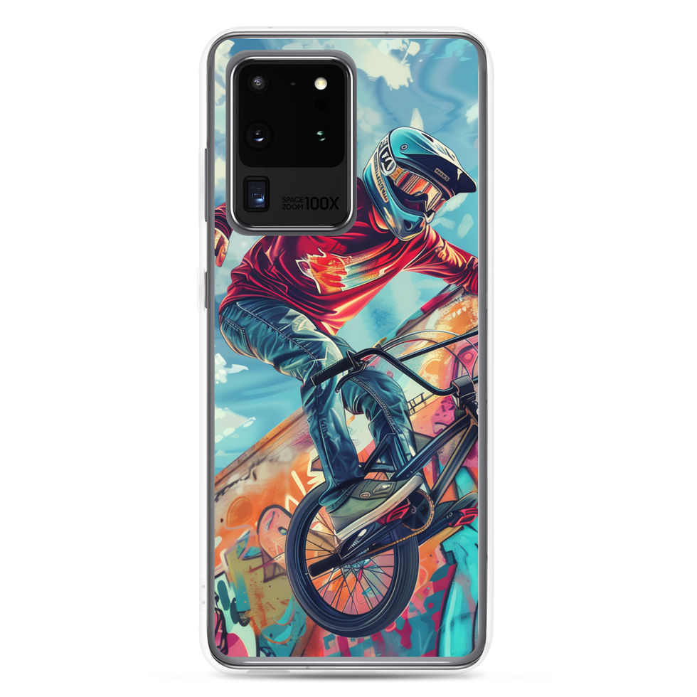 Graffiti Ride Clear case for Galaxy S20 Ultra, red-top BMX rider and vivid graffiti, rear view on white