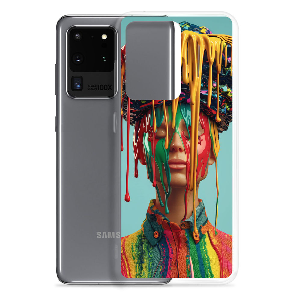 Drip Royale clear case for Samsung Galaxy S21, front angle with a vivid neon paint-drip portrait