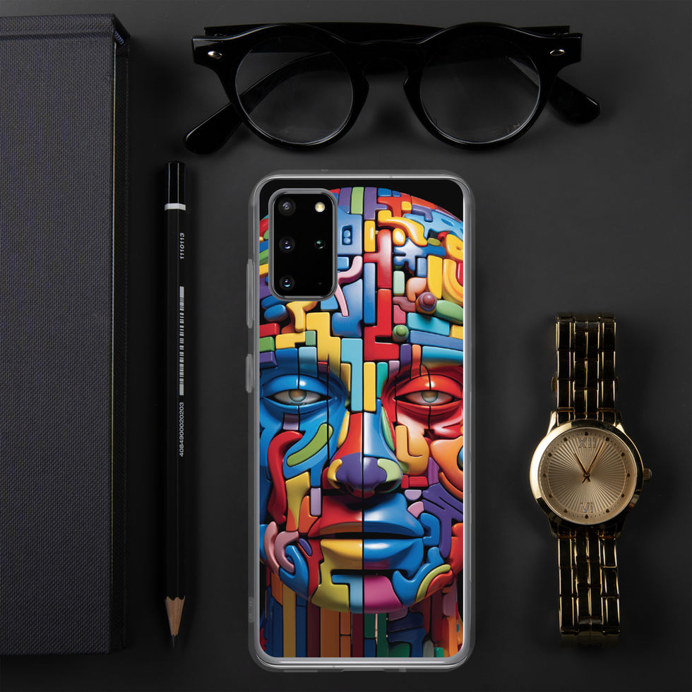 Cybernetic Puzzle clear Samsung phone case with futuristic mechanical portrait artwork, angled front view