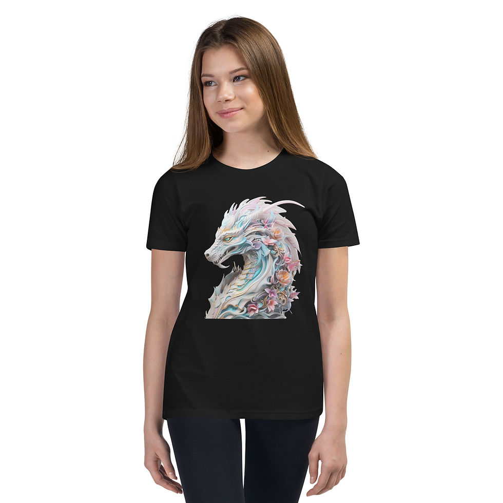 Floral Majesty: black youth short-sleeve T-shirt with a pale blue dragon with pink flowers, worn by child