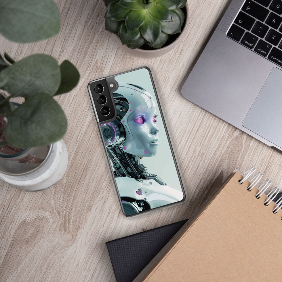 Neon Cypher magenta-eyed android artwork on a Samsung cover