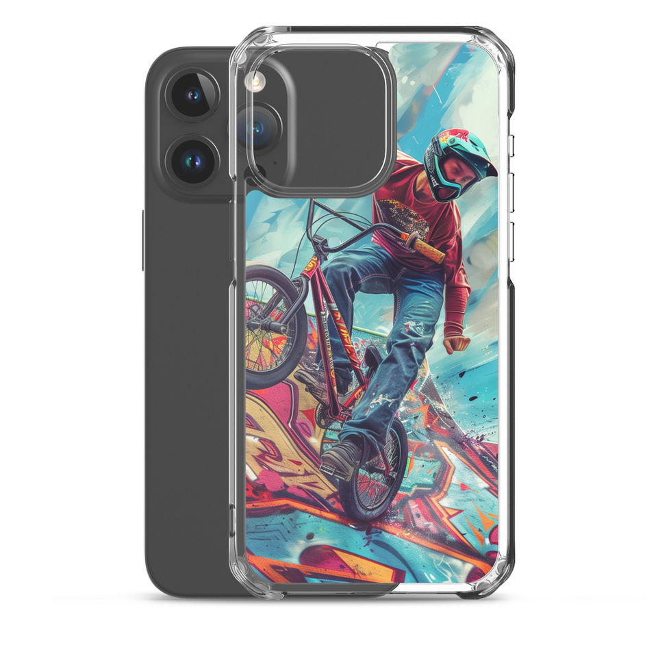 Ramp Rebel Clear case for iPhone 15 Pro Max, red-jacketed BMX rider and graffiti, rear view on white