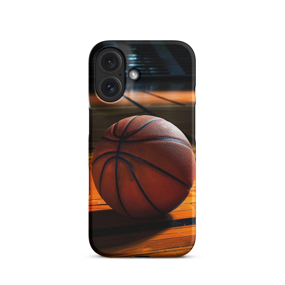 Final Buzzer Snap case for iPhone 16, basketball on warm timber court artwork, rear view on white