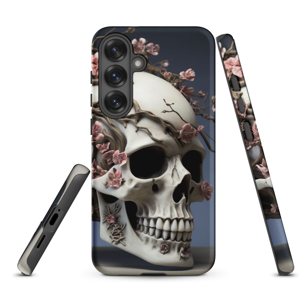 Charcoal-backed Samsung case with ivory skull artwork and small dusty-pink flowers around the skull