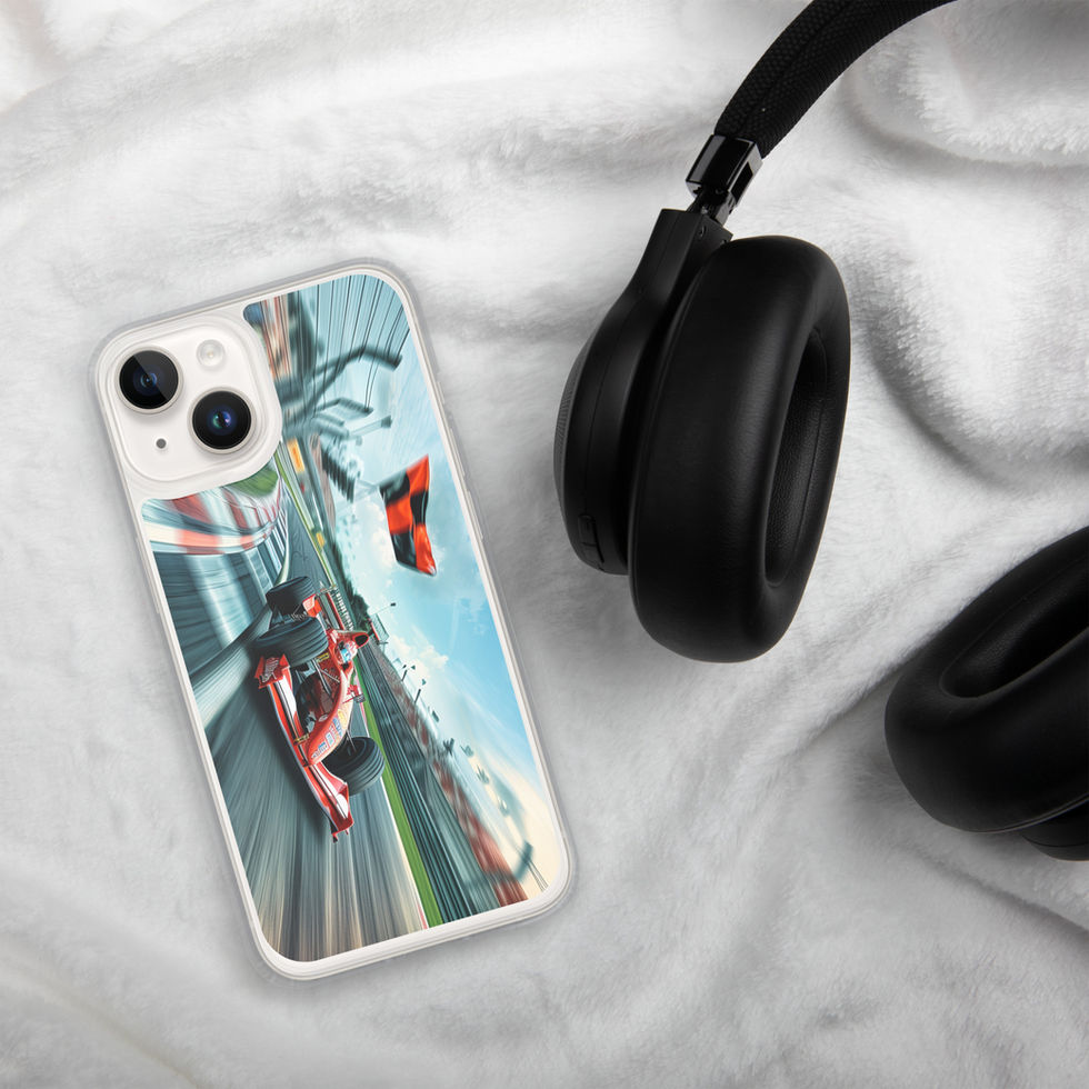 Apex Speed Clear case for iPhone 14, red race car and trackside flags, headphones on pale fabric