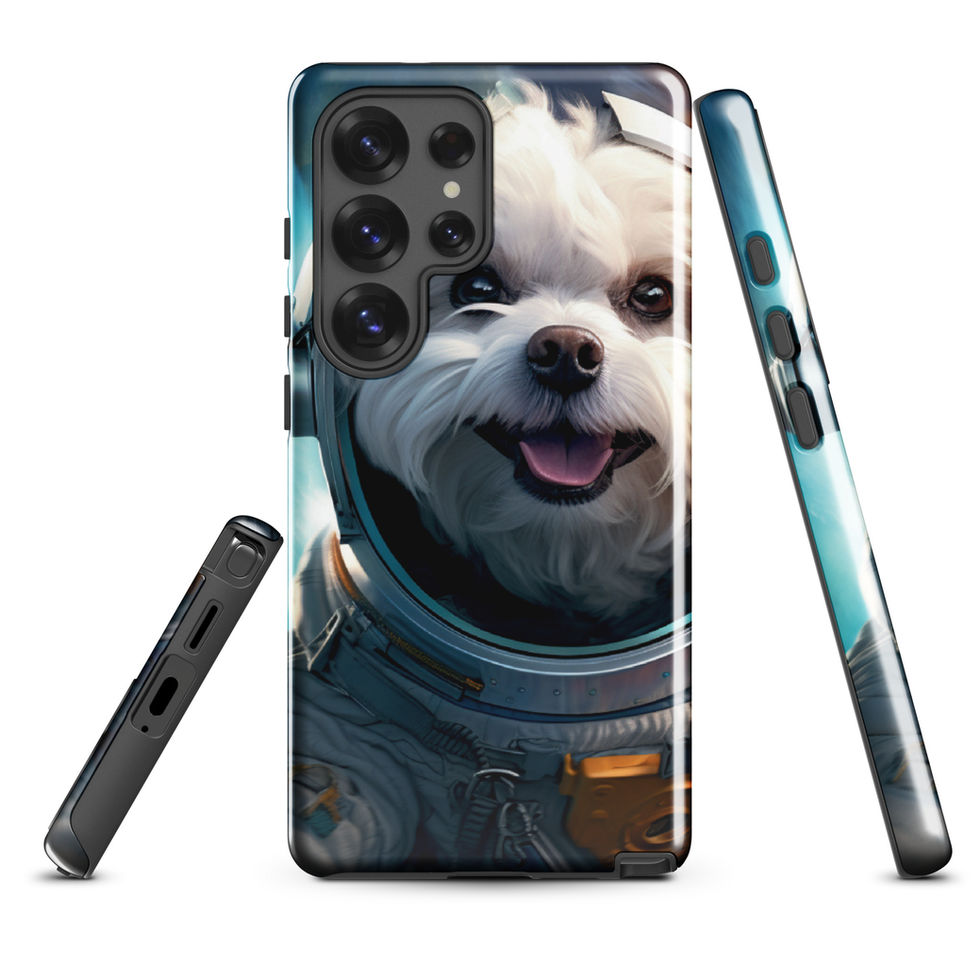 Cosmo Pup galaxy dog Samsung tough case โ top-edge detail in bright lifestyle scene