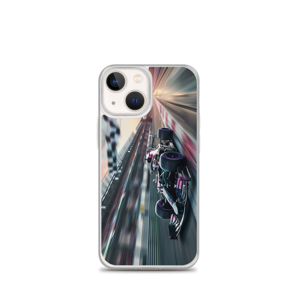 Midnight Velocity Clear case for iPhone 13 mini, race car and night lights, phone and case on white