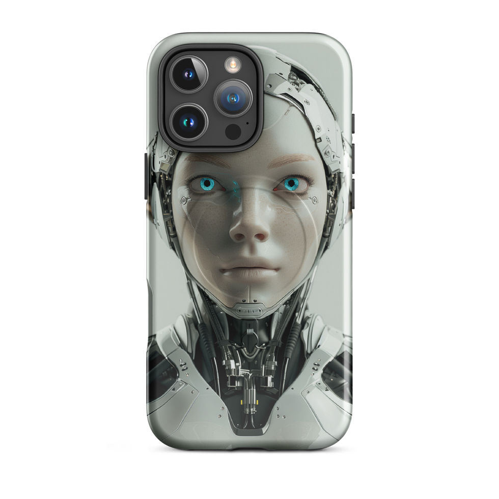 Centred robot portrait with delicate facial seams; close-up detail on an iPhone® MagSafe Tough Case.