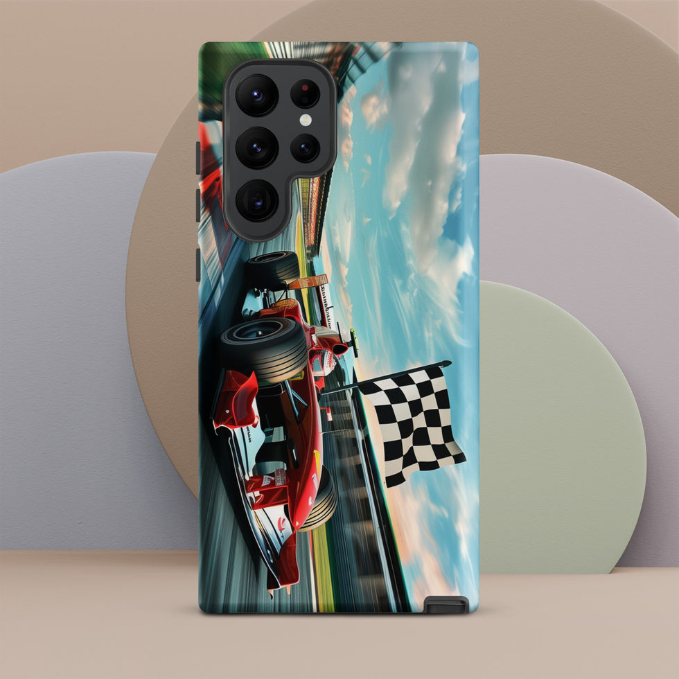 Champion's Glory Tough case for Galaxy S22 Ultra, red race car and chequered flag, rear view on beige display