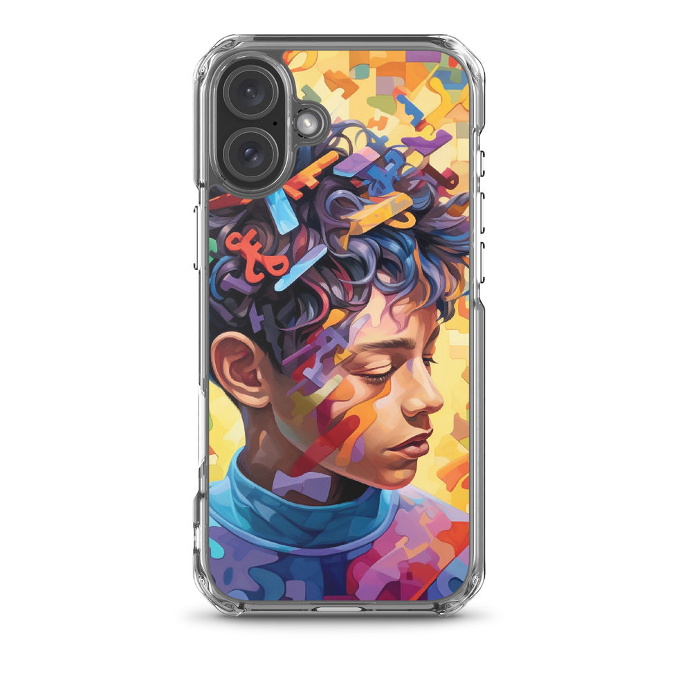 Mind Unlocked clear iPhone case with surreal key and head artwork, floating mockup view, image 40