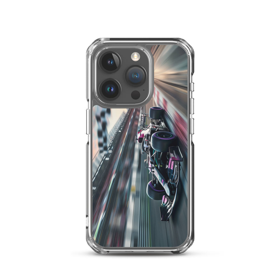 Midnight Velocity Clear case for iPhone 15 Pro, race car and night lights, phone and case on white