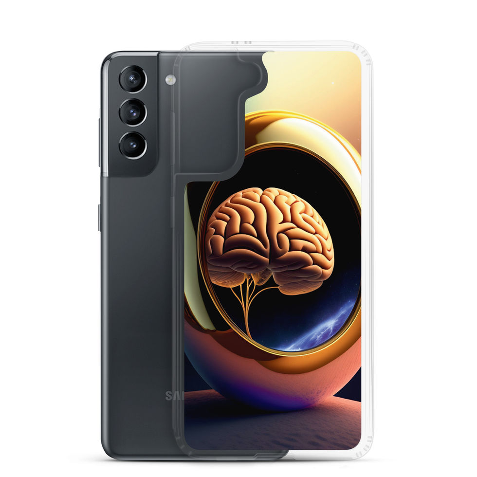 Golden Egg Brain Samsung Clear for Samsung Galaxy S21, rear mockup 2 with a golden brain inside an egg-like sphere.