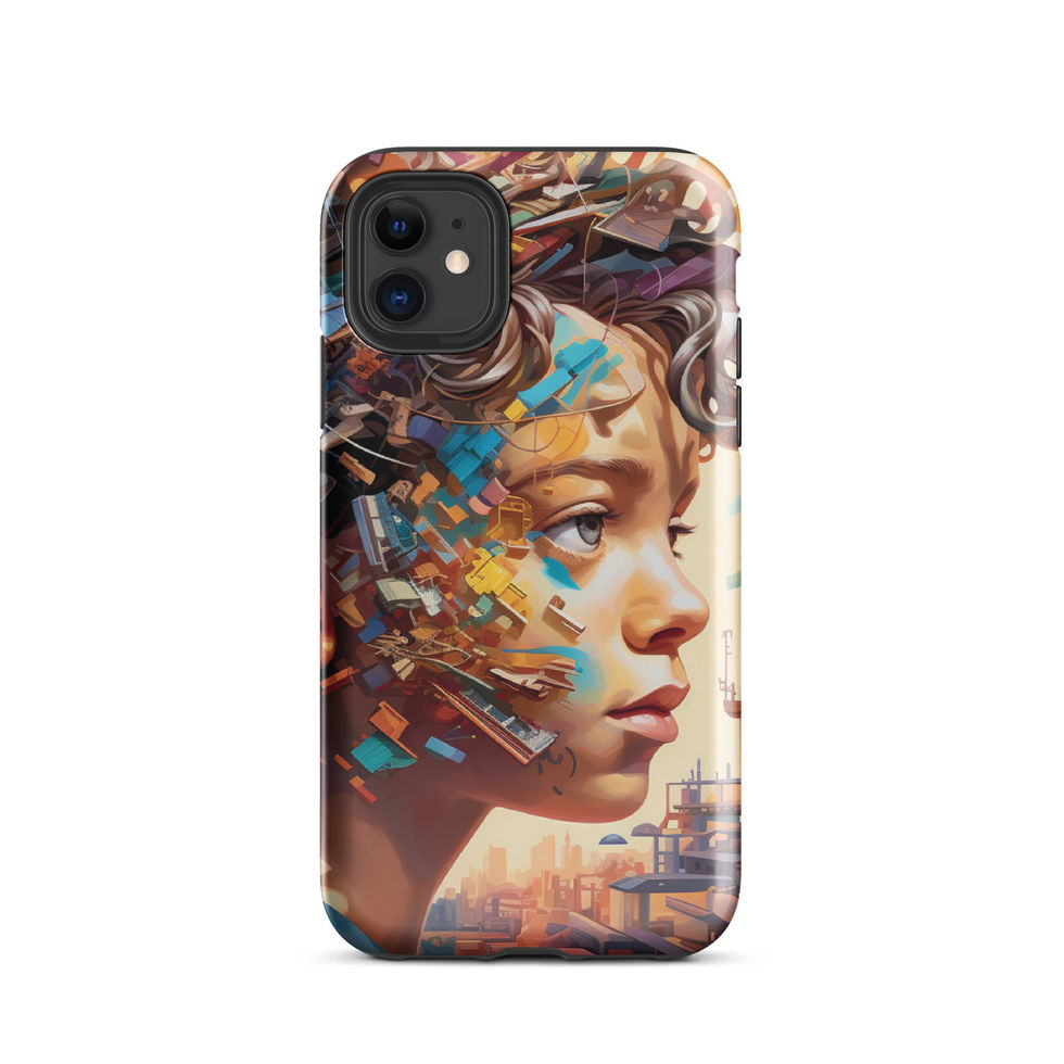 Constructed Dreams tough iPhone case with mechanical surreal artwork, rear view, image 2