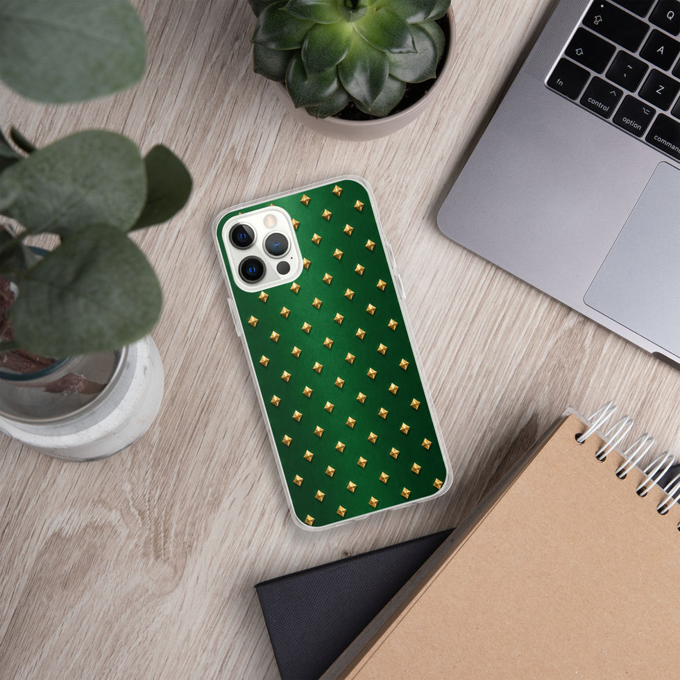 Emerald Gilt Diamonds clear case for iPhone 12 Pro, gold-look diamonds on emerald green, alternate view 3