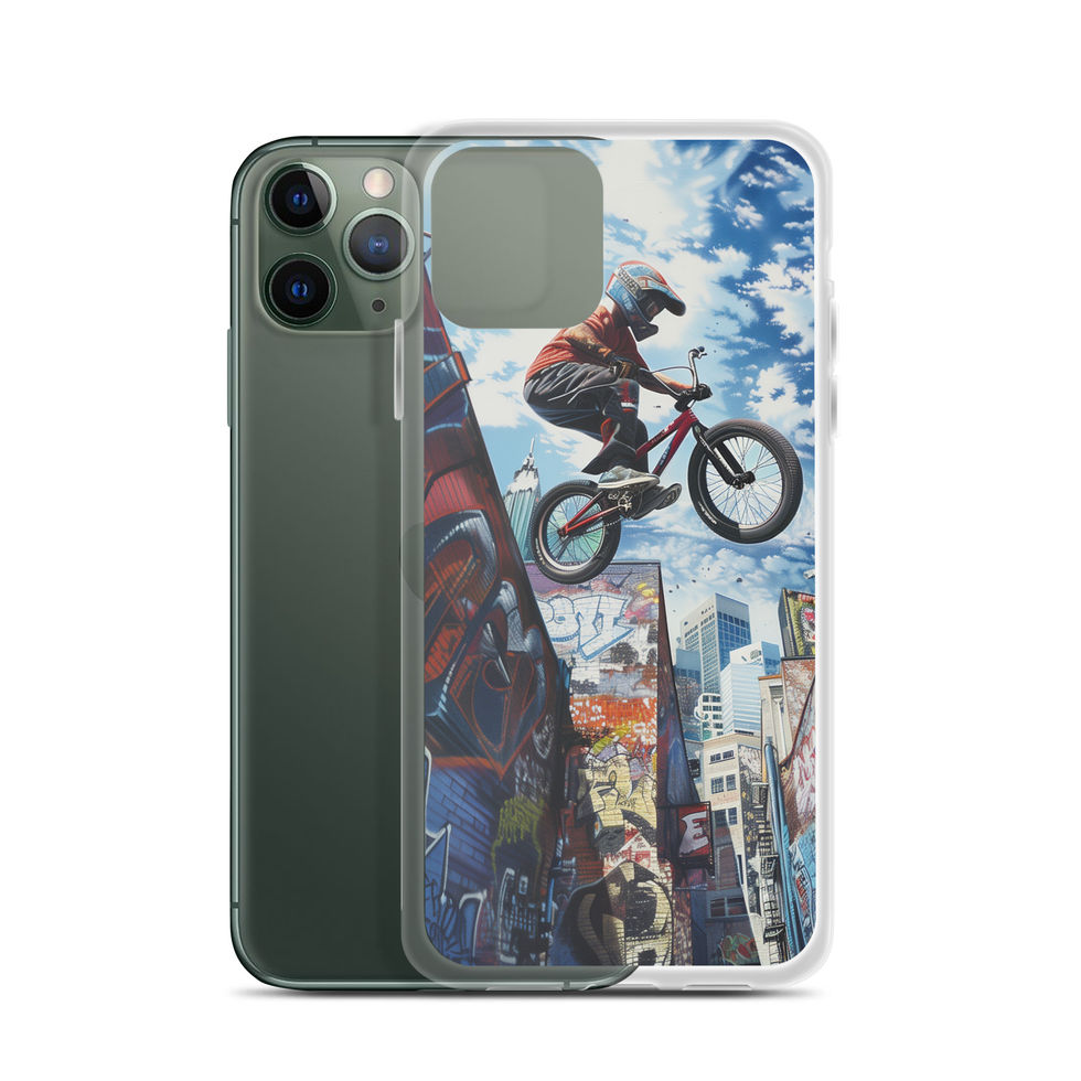 Skyline Freestyle Clear case for iPhone 11 Pro, airborne BMX rider and city skyline, phone beside case on white