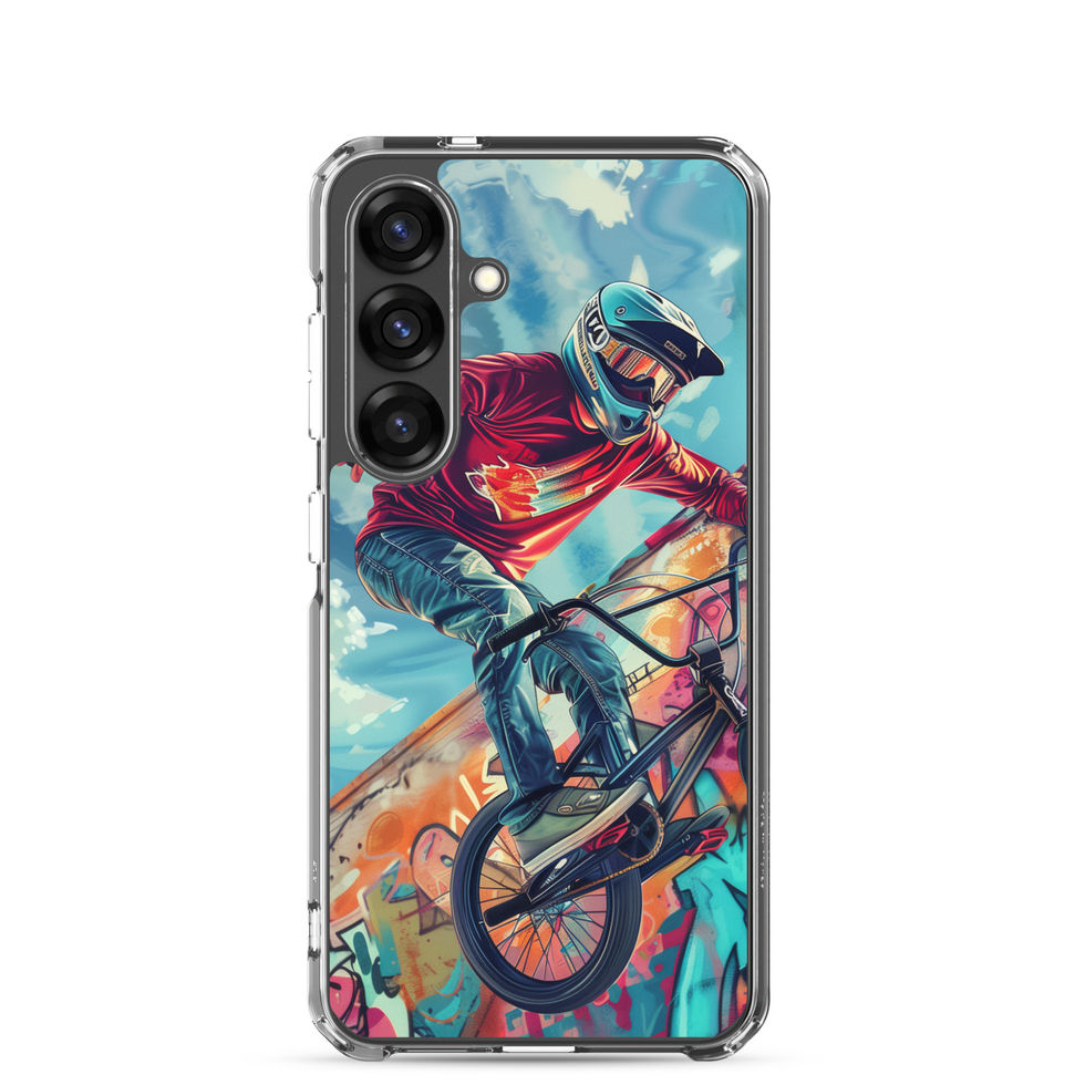 Graffiti Ride Clear case for Galaxy S25, red-top BMX rider and vivid graffiti, rear view on white