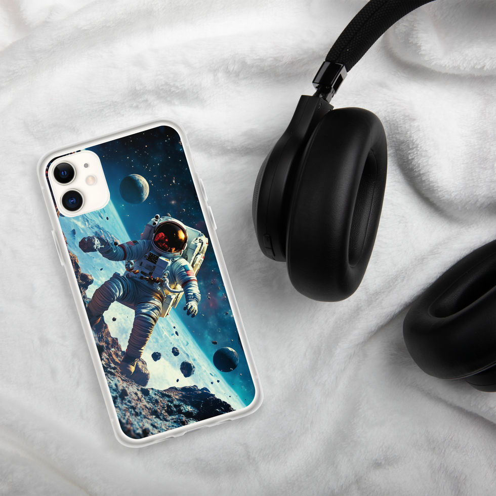 Asteroid Drift clear iPhone case on pale fabric beside black headphones, showing blue cosmic artwork across the back