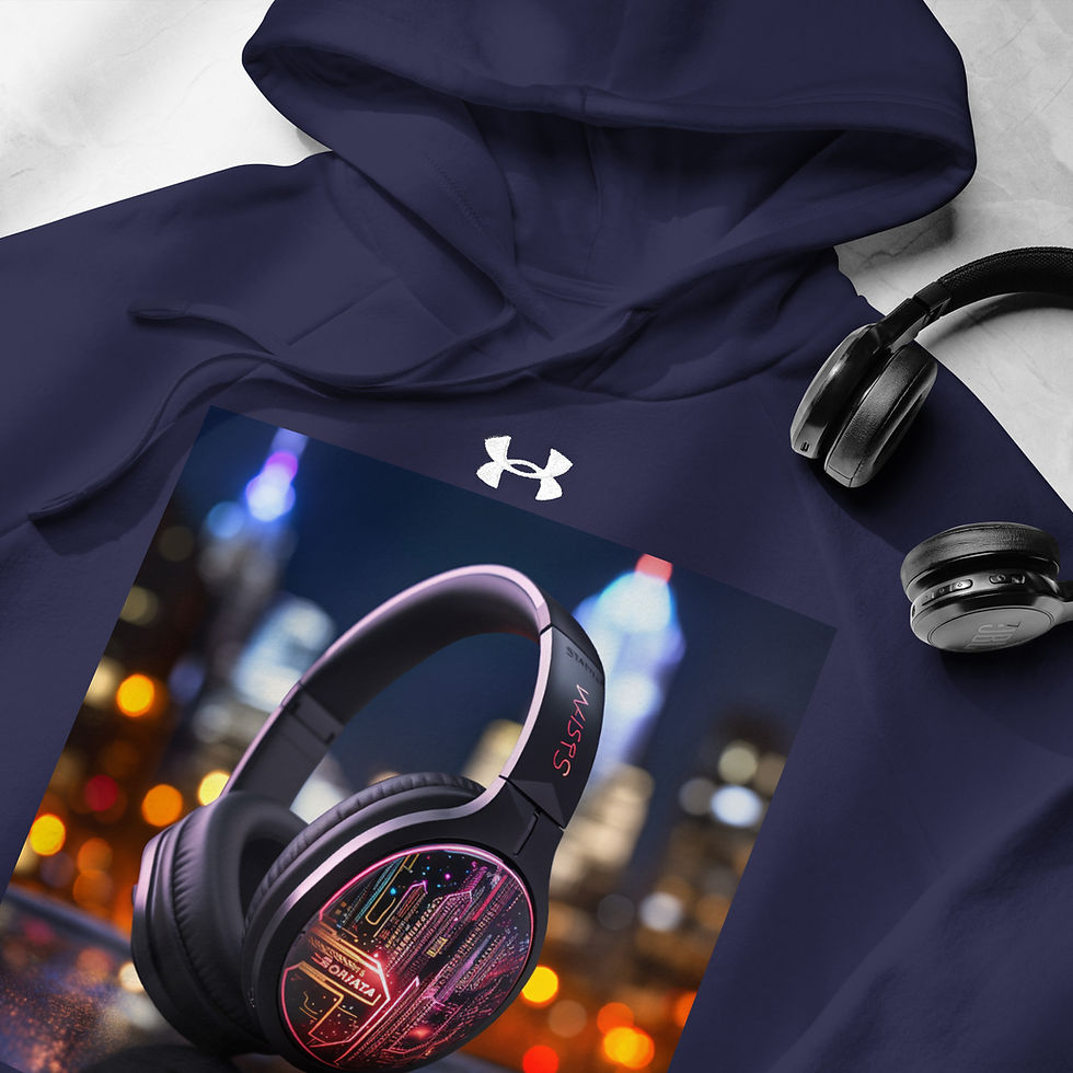 Neon Nights Headphones Artwork: navy blue Under Armour hoodie with headphones against city lights, beside headphones