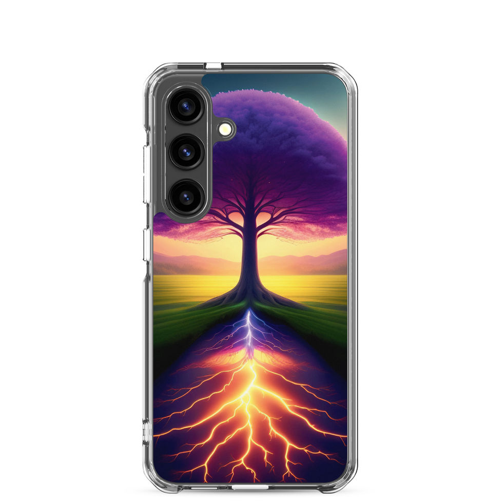 Ethereal Roots Samsung clear phone case with purple treetop above an orange-root glow.