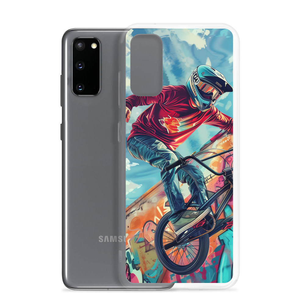 Graffiti Ride Clear case for Galaxy S20, red-top BMX rider and vivid graffiti, phone beside case on white