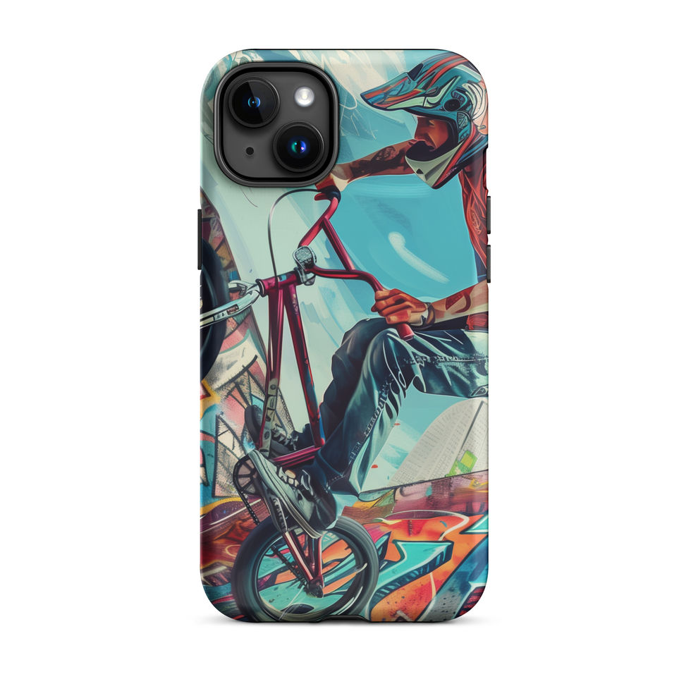 Urban Freestyle Tough case for iPhone 15 Plus, BMX rider and colourful graffiti, rear view on white background