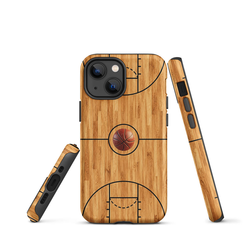 Grain & Game Tough case for iPhone 13 mini, wood basketball court and centre ball artwork, rear and side views on white