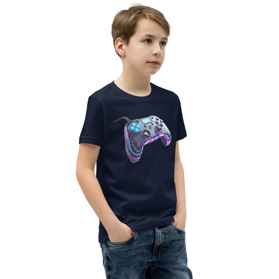 Next-Gen Gamer: navy blue youth short-sleeve T-shirt with silver and purple controller cutout, child turned left